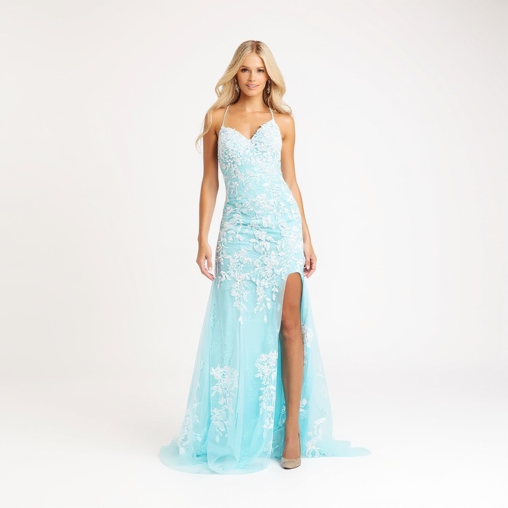 Jovani Turquoise Long Appliqued High Slit Sheath Gown NEW Size 4 Mermaid JVN - Picture 1 of 16